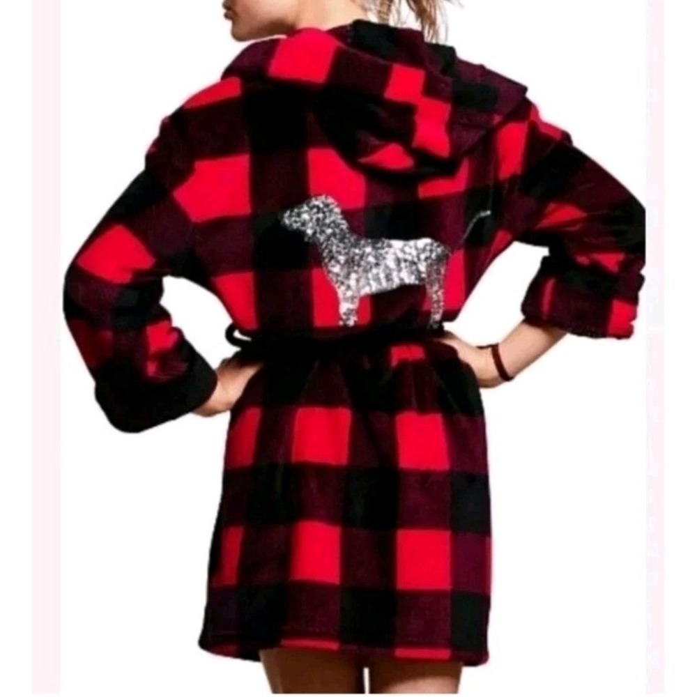Victoria's Secret PINK Womens XS Buffalo Plaid Sequin Dog Hooded Robe NWOT - Picture 3 of 5